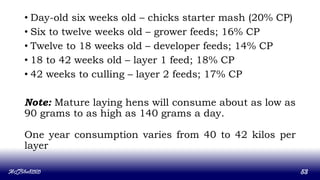 • Day-old six weeks old – chicks starter mash (20% CP)
• Six to twelve weeks old – grower feeds; 16% CP
• Twelve to 18 weeks old – developer feeds; 14% CP
• 18 to 42 weeks old – layer 1 feed; 18% CP
• 42 weeks to culling – layer 2 feeds; 17% CP
Note: Mature laying hens will consume about as low as
90 grams to as high as 140 grams a day.
One year consumption varies from 40 to 42 kilos per
layer
MLBibat2020 53
 