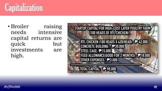 Capitalization
• Broiler raising
needs intensive
capital returns are
quick but
investments are
high.
MLBibat2020 60
 