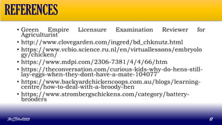 REFERENCES
• Green Empire Licensure Examination Reviewer for
Agriculturist
• http://www.clovegarden.com/ingred/bd_chknutz.html
• https://www.vcbio.science.ru.nl/en/virtuallessons/embryolo
gy/chicken/
• https://www.mdpi.com/2306-7381/4/4/66/htm
• https://theconversation.com/curious-kids-why-do-hens-still-
lay-eggs-when-they-dont-have-a-mate-104077
• https://www.backyardchickencoops.com.au/blogs/learning-
centre/how-to-deal-with-a-broody-hen
• https://www.strombergschickens.com/category/battery-
brooders
MLBibat2020 61
 