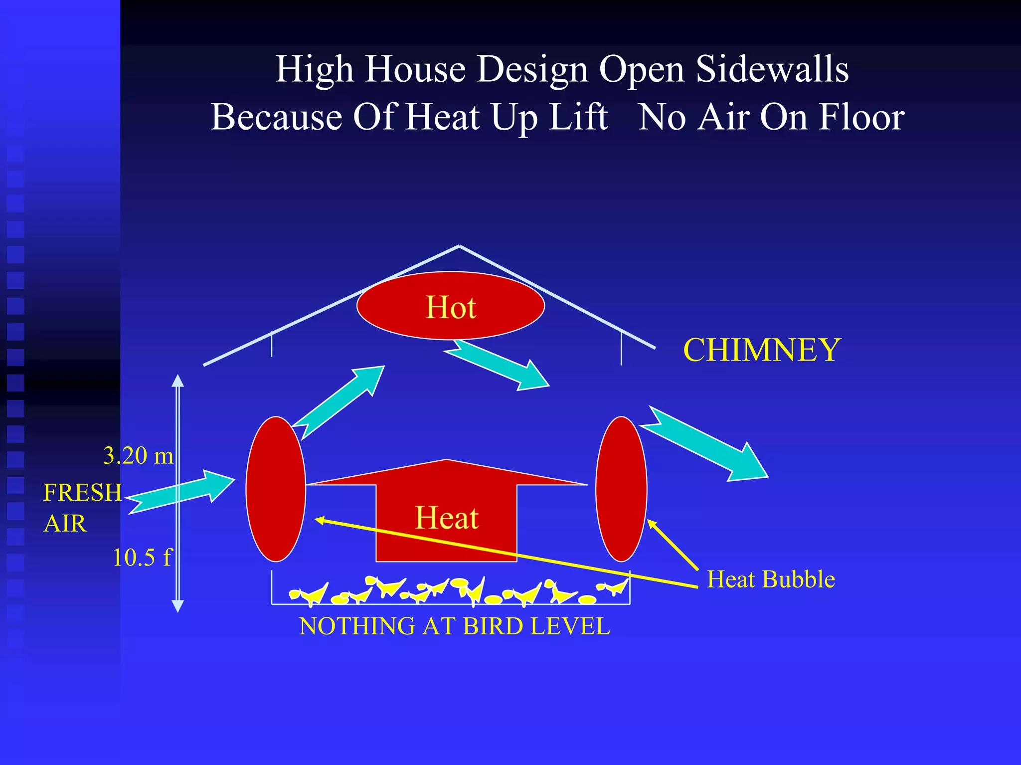 High House Design Open Sidewalls
Because Of Heat Up Lift No Air On Floor
CHIMNEY
3.20 m
10.5 f
Heat
Hot
Heat Bubble
FRESH
AIR
NOTHING AT BIRD LEVEL
 
