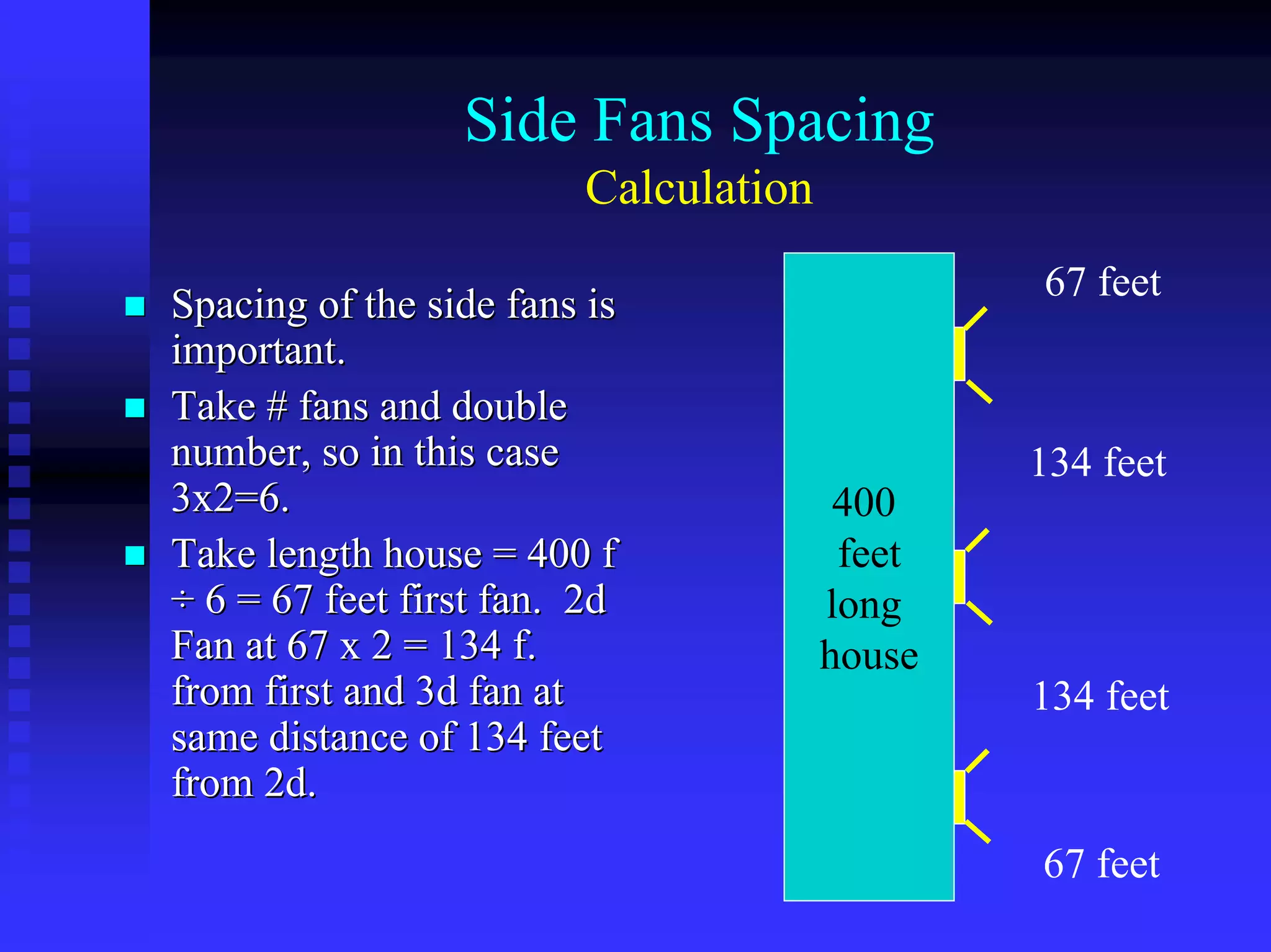 Side Fans Spacing
Calculation
Spacing of the side fans isSpacing of the side fans is
important.important.
Take # fans and doubleTake # fans and double
number, so in this casenumber, so in this case
3x2=6.3x2=6.
Take length house = 400 fTake length house = 400 f
÷÷ 6 = 67 feet first fan. 2d6 = 67 feet first fan. 2d
Fan at 67 x 2 = 134 f.Fan at 67 x 2 = 134 f.
from first and 3d fan atfrom first and 3d fan at
same distance of 134 feetsame distance of 134 feet
from 2d.from 2d.
400
feet
long
house
67 feet
134 feet
134 feet
67 feet
 