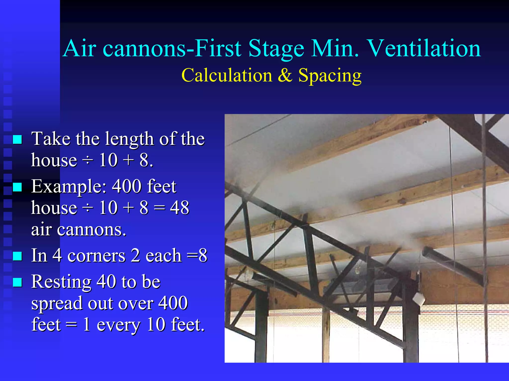 Air cannons-First Stage Min. Ventilation
Calculation & Spacing
Take the length of theTake the length of the
househouse ÷÷ 10 + 8.10 + 8.
Example: 400 feetExample: 400 feet
househouse ÷÷ 10 + 8 = 4810 + 8 = 48
air cannons.air cannons.
In 4 corners 2 each =8In 4 corners 2 each =8
Resting 40 to beResting 40 to be
spread out over 400spread out over 400
feet = 1 every 10 feet.feet = 1 every 10 feet.
 