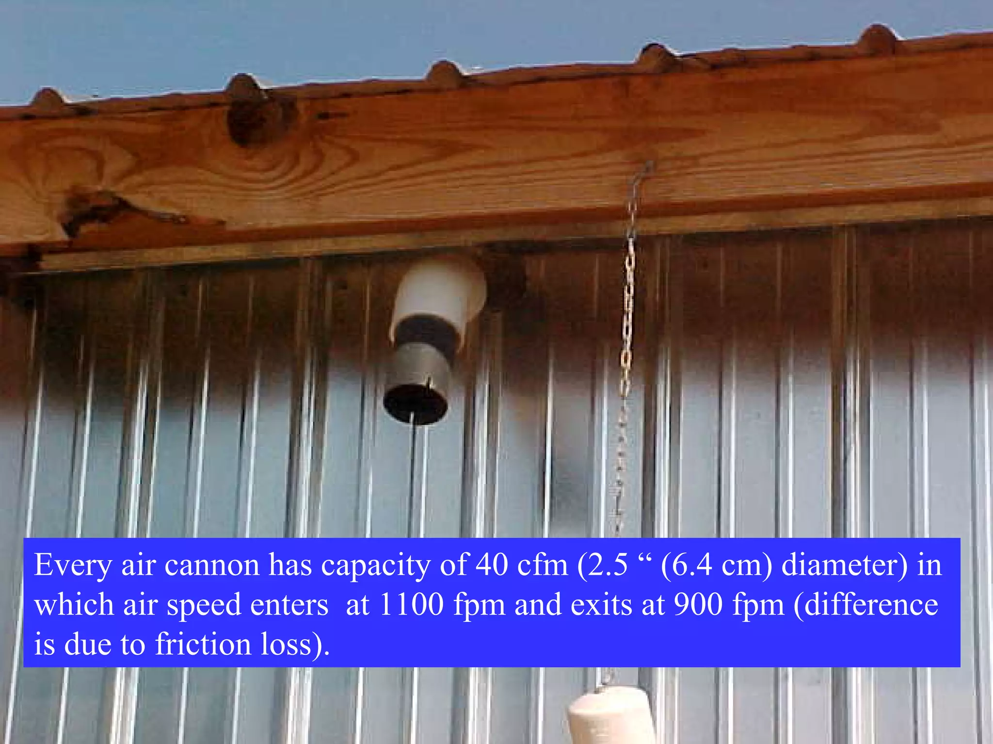 Every air cannon has capacity of 40 cfm (2.5 “ (6.4 cm) diameter) in
which air speed enters at 1100 fpm and exits at 900 fpm (difference
is due to friction loss).
 