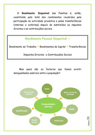 Página31
O Rendimento Disponível das Famílias é, então,
constituído pelo total dos rendimentos recebidos pela
participação na actividade produtiva e pelas transferências
(internas e externas) depois de subtraídos os impostos
directos e as contribuições sociais.
Mas quais são os factores que fazem existir
desigualdades salariais entre a população?
Rendimento Pessoal Disponível =
Rendimento do Trabalho + Rendimentos do Capital + Transferências
-
Impostos Directos e Contribuições Sociais
Desigualdades
Salariais
Sexo
Ramo e Sector de
actividade
Habilitação
Qualificação
Idade
Região
do país
Dimensãoda
empresa
 