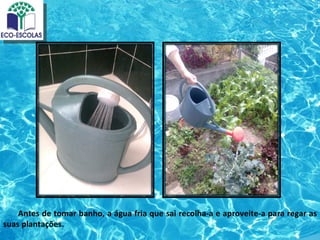 Antes de tomar banho, a água fria que sai recolha-a e aproveite-a para regar as
suas plantações.
 