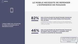 L’IMPACT DIRECT DE L’UTILISATION
DU MOBILE EN MAGASIN SUR LE
PROCESSUS D'ACHAT
LE MOBILE NECESSITE DE REPENSER
L’EXPERIENCE EN MAGASIN
L'USAGE D'INTERNET, DU TÉLÉPHONE
PORTABLE, DES SMARTPHONES ET DES
TABLETTES, ONT-ILS CHANGÉ VOTRE
FAÇON DE FAIRE DES ACHATS EN
MAGASIN ?
RETAIL	

	
  	
  
DES UTILISATEURS DE SMARTPHONE FRANÇAIS
ONT DÉJÀ UTILISÉ LEUR MOBILE EN MAGASIN.
75% IN 2014.
L'utilisation du mobile en magasin est encore plus développé à
Dubaï et en Asie (Chine, Hong Kong, Singapour et l'Inde), dont le
chiffre est de 90% .
82%
DES UTILISATEURS DE SMARTPHONE FRANÇAIS
ESTIMENT QUE LE MOBILE A CHANGÉ LEUR
FAÇON D’ACHETER EN MAGASIN.
46%
 