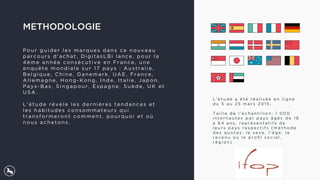 Pour gu ider le s m arques dans ce nouveau
parcours d’ achat , D igitasLBi lance, pour la
4ème anné e consé cutive en France, une
enquête mondia le s ur 17 pays : Australie,
Belgiq ue, Chine, Dan emark, UAE, France,
Allemagn e, Hong-Kong, Inde, Italie, Jap on,
Pays- Bas, Singapour, Espagne, Suèd e, U K et
US A.
L'étud e r évè le le s dernières tendances et
les hab itud es consommateurs qui
tr ansformeront comm ent, pourquo i et où
nou s ache tons.
METHODOLOGIE
L ’ é t u d e a é t é r é a l i s é e e n l i g n e
d u 5 a u 2 5 m a r s 2 0 1 5 .
T a i l l e d e l ' é c h a n t i l l o n : 1 0 0 0
i n t e r n a u t e s p a r p a y s â g é s d e 1 8
à 6 4 a n s , r e p r é s e n t a t i f s d e
l e u r s p a y s r e s p e c t i f s ( m é t h o d e
d e s q u o t a s : l e s e x e , l ' â g e , l e
r e v e n u o u l e p r o ﬁ l s o c i a l ,
r é g i o n )
 