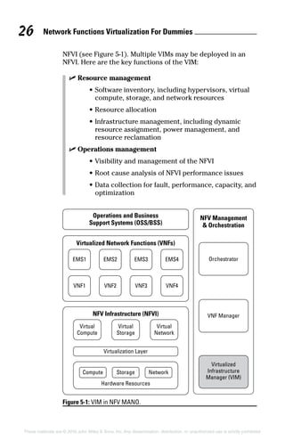 Network Functions Virtualization For Dummies 26
These materials are © 2016 John Wiley  Sons, Inc. Any dissemination, distribution, or unauthorized use is strictly prohibited.
NFVI (see Figure 5‐1). Multiple VIMs may be deployed in an
NFVI. Here are the key functions of the VIM:
✓✓ Resource management
•• Software inventory, including hypervisors, virtual
compute, storage, and network resources
•• Resource allocation
•• Infrastructure management, including dynamic
resource assignment, power management, and
resource reclamation
✓✓ Operations management
•• Visibility and management of the NFVI
•• Root cause analysis of NFVI performance issues
•• Data collection for fault, performance, capacity, and
optimization
Figure 5-1: VIM in NFV MANO.
 
