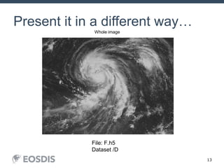 13
Present it in a different way…
Whole image
File: F.h5
Dataset /D
 