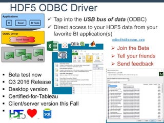 26
HDF5 ODBC Driver
 Tap into the USB bus of data (ODBC)
 Direct access to your HDF5 data from your
favorite BI application(s)
 Join the Beta
 Tell your friends
 Send feedback
odbc@hdfgroup.org
 Beta test now
 Q3 2016 Release
 Desktop version
 Certified-for-Tableau
 Client/server version this Fall

 