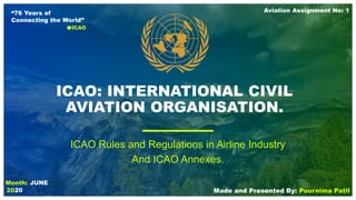 Month: JUNE
ICAO: INTERNATIONAL CIVIL
AVIATION ORGANISATION.
ICAO Rules and Regulations in Airline Industry
And ICAO Annexes.
2020
Aviation Assignment No: 1
Made and Presented By: Pournima Patil
“76 Years of
Connecting the World”
ICAO
 
