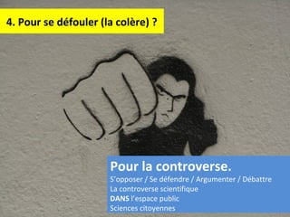 4. Pour se défouler (la colère) ?
Pour la controverse.
S’opposer / Se défendre / Argumenter / Débattre
La controverse scientifique
DANS l’espace public
Sciences citoyennes
 