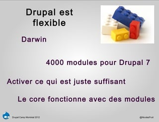 Drupal est
              flexible
         Darwin


                             4000 modules pour Drupal 7

Activer ce qui est juste suffisant

      Le core fonctionne avec des modules

 Drupal Camp Montréal 2012                          @NicolasFruit
 