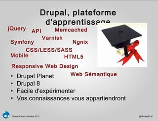 Drupal, plateforme
                              d'apprentissage
jQuery                           Memcached
                  API
                             Varnish
Symfony                                Ngnix
     CSS/LESS/SASS
Mobile          HTML5
 Responsive Web Design
•    Drupal Planet      Web Sémantique
•    Drupal 8
•    Facile d'expérimenter
•    Vos connaissances vous appartiendront

 Drupal Camp Montréal 2012                        @NicolasFruit
 