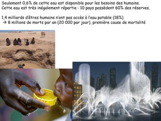 Seulement 0,6% de cette eau est disponible pour les besoins des humains. Cette eau est très inégalement répartie : 10 pays possèdent 60% des réserves. 1,4 milliards d’êtres humains n’ont pas accès à l’eau potable (18%)     8 millions de morts par an (20 000 par jour), première cause de mortalité 