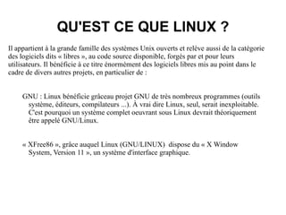 QU'EST CE QUE  LE LOGICIEL LIBRE Le Mouvement du logiciel libre a été lancé  dans la seconde moitié des années 80 puis popularisé par :  Le projet GNU ( GNU IS NOT UNIX) lancé en 1983 par RMS pour produire un nombre de logiciels libres suffisamment important pour pouvoir travailler sans aucun logiciel propriétaire. 