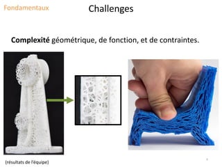 Challenges
Complexité géométrique, de fonction, et de contraintes.
Fondamentaux
6
(résultats de l’équipe)
 