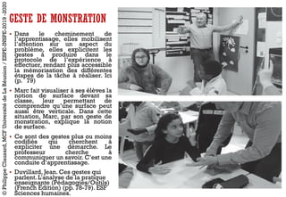 GESTE DE MONSTRATION
§ Dans le cheminement de
l’apprentissage, elles mobilisent
l’attention sur un aspect du
problème, elles explicitent les
gestes à produire dans le
protocole de l’expérience à
effectuer, rendant plus accessible
la mémorisation des différentes
étapes de la tâche à réaliser. Ici
(p. 79)
§ Marc fait visualiser à ses élèves la
notion de surface devant sa
classe, leur permettant de
comprendre qu’une surface peut
aussi être verticale. Dans cette
situation, Marc, par son geste de
monstration, explique la notion
de surface.
§ Ce sont des gestes plus ou moins
codifiés qui cherchent à
expliciter une démarche. Le
professeur cherche à
communiquer un savoir. C’est une
conduite d’apprentissage.
§ Duvillard, Jean. Ces gestes qui
parlent. L'analyse de la pratique
enseignante (Pédagogies/Outils)
(French Edition) (pp. 78-79). ESF
Sciences humaines.
©PhilippeClauzard,MCFUniversitédeLaRéunion/ESPE-INSPE-2019-2020
 