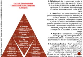 ©PhilippeClauzard,MCFUniversitédeLaRéunion/ESPE-INSPE-2019-2020
En	outre,	la	mésogénèse
comprend	4	autres	catégories	
d’analyse :
1. Définition du jeu : L’enseignant précise le
but de la tâche scolaire. Par exemple : trouver
le sujet, le verbe, identifier le GNS, le GV ou
déterminer le circonstant (complément de
phrase) ou le complément de verbe (COD,
COI).
2. Dévolution : Les élèves s’approprient le
problème posé par l’enseignant. Par exemple,
en début de leçon, il y a une question à
laquelle il faut répondre. L’enseignant propose
la plupart du temps des transformations de
phrases (pronominalisation, conjugaison, etc.).
Les élèves s’appuient sur ce qui peut se dire /
ce qui ne peut pas se dire.Avec l’aide de
l’enseignant, ils cherchent la raison de cet
usage.
3. Régulation : Elle consiste en l’étayage,
l’aide qu’apporte l’enseignant dans la
réalisation de la tâche scolaire des élèves. On
peut y retrouver des procédures décrites par
Bruner.
4. Institutionnalisation : C’est l’explicitation
et la généralisation de la règle. Deux cas
peuvent par exemple se présenter. Soit, les
élèves ont trouvé la réponse au pourquoi de
l’usage : l’enseignant peut généraliser. Soit, les
élèves n’ont pas vraiment trouvé : l’enseignant
est embarrassé et finit par donner la réponse.
 