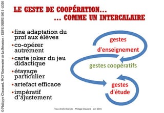 •fine adaptation du
prof aux élèves
•co-opérer
autrement
•carte joker du jeu
didactique
•étayage
particulier
•artefact efficace
•impératif
d’ajustement
Tous	droits	réservés	- Philippe	Clauzard	- juin	2015
©PhilippeClauzard,MCFUniversitédeLaRéunion/ESPE-INSPE-2019-2020
 