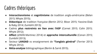 Cadres théoriques
● Interactionnisme et cognitivisme de tradition anglo-américaine (Belan
2015; Whyte 2015);
● Didactique de tradition française (Bertin 2012; Bloor 2015; Yassine-Diab
& Raby 2014; Zumbihl 2013);
● Cadres plus restreints en lien avec l’ASP (Carnet 2015; Colin 2015;
Whyte 2012);
● Affect (d’Alifé-Martinez 2014) et approche interculturelle (Conan 2015;
Zumbihl 2013);
● Secteur LANSAD vs enseignement de “l’anglais général” (Terrier 2013;
Whyte 2012);
● Méta-analyse bibliographique (Bertin & Sarré 2015). .
15
 