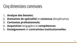 Cinq dimensions communes
1. Analyse des besoins;
2. Domaines de spécialité et contenus disciplinaires;
3. Contextes professionnels;
4. Acquisition langagière et compétences;
5. Enseignement et contraintes institutionnelles. .
16
 