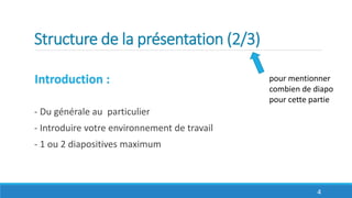 Structure de la présentation (2/3)
Introduction :
- Du générale au particulier
- Introduire votre environnement de travail
- 1 ou 2 diapositives maximum
4
pour mentionner
combien de diapo
pour cette partie
 