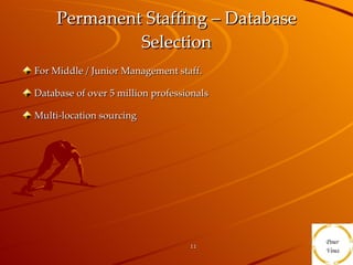 Permanent Staffing – Database Selection For Middle / Junior Management staff. Database of over 5 million professionals Multi-location sourcing 