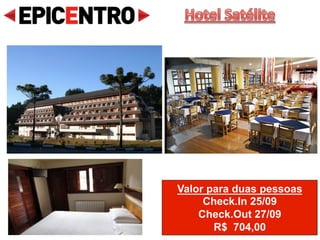 Valor para duas pessoas
Check.In 23/09
Check.Out 25/09
R$ 620,00
Recanto Brumas
 