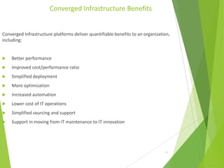 Converged Infrastructure Benefits

Converged Infrastructure platforms deliver quantifiable benefits to an organization,
including:



Better performance



Improved cost/performance ratio



Simplified deployment



More optimization



Increased automation



Lower cost of IT operations



Simplified sourcing and support



Support in moving from IT maintenance to IT innovation

11

 