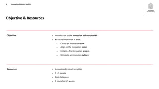 Objective & Resources
2
• Introduction to the innovation kickstart toolkit
• Kickstart innovation at work:
1. Create an innovation team
2. Align on the innovation vision
3. Initiate a first innovation project
4. Stimulate an innovation culture
Objective
• Innovation kickstart templates
• 3 – 5 people
• Post-its & pens
• 3 hours for 4-5 weeks
Resources
Innovation kickstart toolkit
 