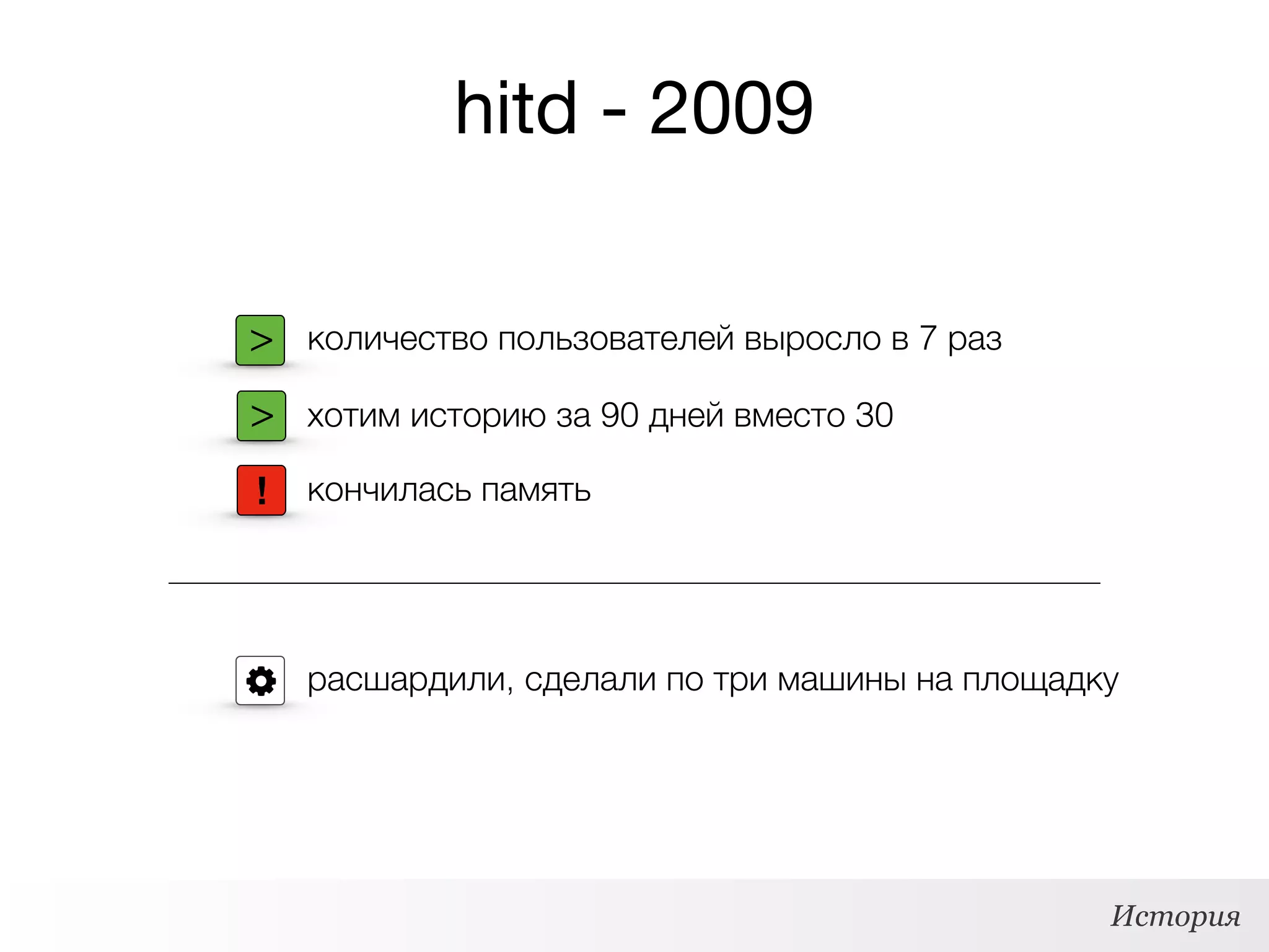 hitd - 2009
> количество пользователей выросло в 7 раз
> хотим историю за 90 дней вместо 30
расшардили, сделали по три машины на площадку
! кончилась память
История
 