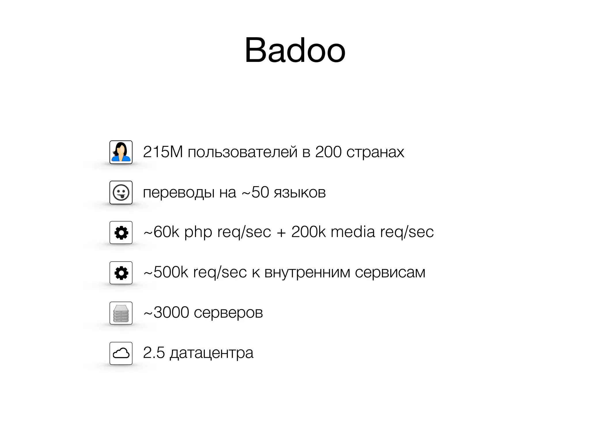 ~60k php req/sec + 200k media req/sec
Badoo
215M пользователей в 200 странах
переводы на ~50 языков
~500k req/sec к внутренним сервисам
~3000 серверов
2.5 датацентра
 