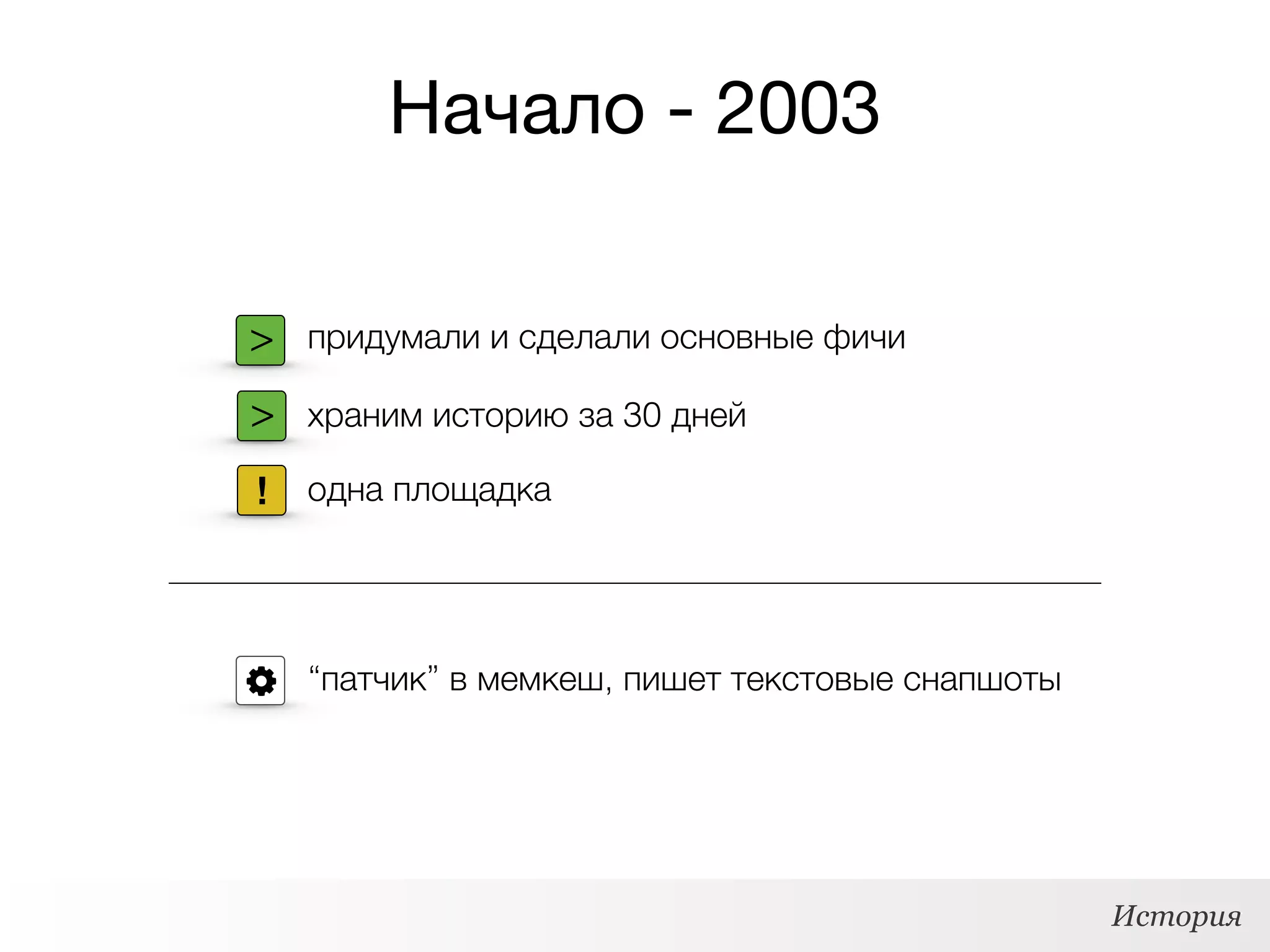 Начало - 2003
> придумали и сделали основные фичи
> храним историю за 30 дней
одна площадка
“патчик” в мемкеш, пишет текстовые снапшоты
!
История
 