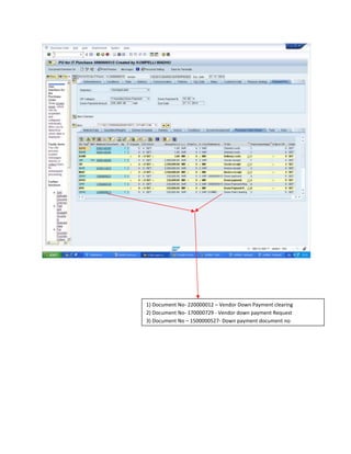 1) Document No- 220000012 – Vendor Down Payment clearing 
2) Document No- 170000729 - Vendor down payment Request 
3) Document No – 1500000527- Down payment document no 
3) 
 