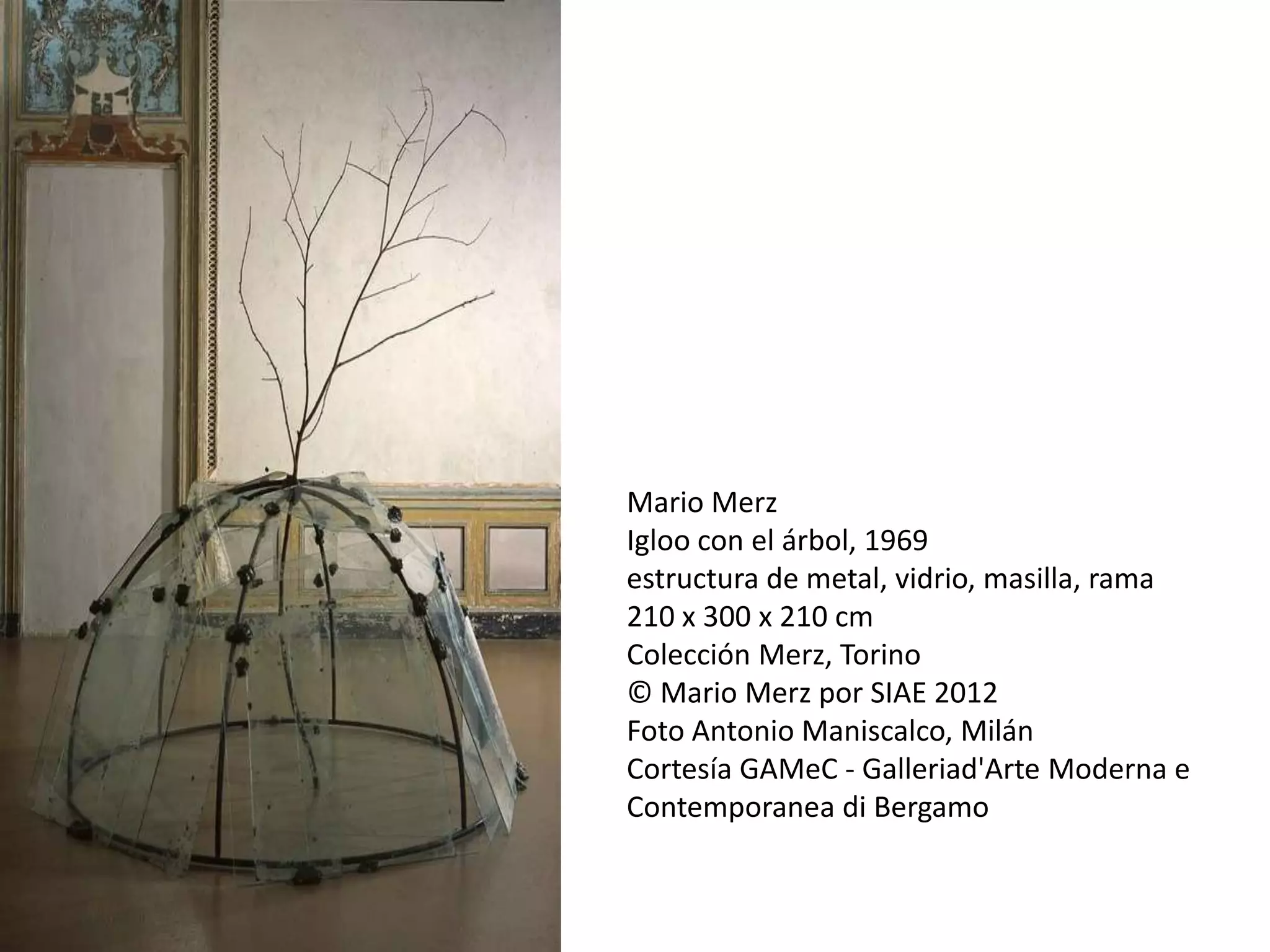 Mario Merz
Igloo con el árbol, 1969
estructura de metal, vidrio, masilla, rama
210 x 300 x 210 cm
Colección Merz, Torino
© Mario Merz por SIAE 2012
Foto Antonio Maniscalco, Milán
Cortesía GAMeC - Galleriad'Arte Moderna e
Contemporanea di Bergamo
 