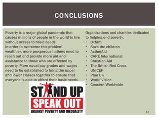 14
CONCLUSIONS
Poverty is a major global pandemic that
causes millions of people in the world to live
without access to basic needs.
In order to overcome this problem
wealthier, more prosperous nations need to
reach out and provide more aid and
assistance to those who are affected by
poverty. More equal pay grades and wages
need to be established to bring the upper
and lower classes together to ensure that
everyone is able to afford their basic needs.
Organizations and charities dedicated
to helping end poverty:
• Oxfam
• Save the children
• ActionAid
• CARE International
• Christian Aid
• The British Red Cross
• UNICEF
• Plan UK
• World Vision
• Concern Worldwide
 