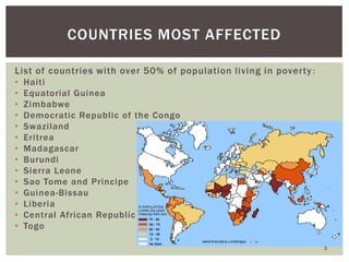 List of countries with over 50% of population living in poverty:
• Haiti
• Equatorial Guinea
• Zimbabwe
• Democratic Republic of the Congo
• Swaziland
• Eritrea
• Madagascar
• Burundi
• Sierra Leone
• Sao Tome and Principe
• Guinea-Bissau
• Liberia
• Central African Republic
• Togo
3
COUNTRIES MOST AFFECTED
 