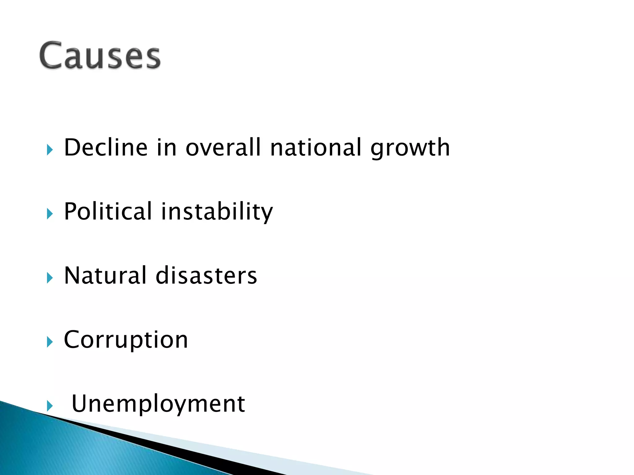  Decline in overall national growth
 Political instability
 Natural disasters
 Corruption
 Unemployment
 