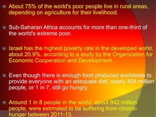  About 75% of the world's poor people live in rural areas,
depending on agriculture for their livelihood.
 Sub-Saharan Africa accounts for more than one-third of
the world's extreme poor.
 Israel has the highest poverty rate in the developed world,
about 20.9%, according to a study by the Organization for
Economic Cooperation and Development.
 Even though there is enough food produced worldwide to
provide everyone with an adequate diet, nearly 854 million
people, or 1 in 7, still go hungry.
 Around 1 in 8 people in the world, about 842 million
people, were estimated to be suffering from chronic
hunger between 2011-13.
 