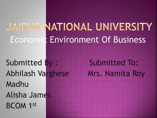 Economic Environment Of Business
Submitted By : Submitted To:
Abhilash Varghese Mrs. Namita Roy
Madhu
Alisha James
BCOM 1st
 