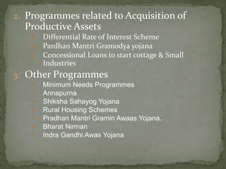 2. Programmes related to Acquisition of
Productive Assets
 Differential Rate of Interest Scheme
 Pardhan Mantri Gramodya yojana
 Concessional Loans to start cottage & Small
Industries
3. Other Programmes
 Minimum Needs Programmes
 Annapurna
 Shiksha Sahayog Yojana
 Rural Housing Schemes
 Pradhan Mantri Gramin Awaas Yojana.
 Bharat Nirman
 Indra Gandhi Awas Yojana
 
