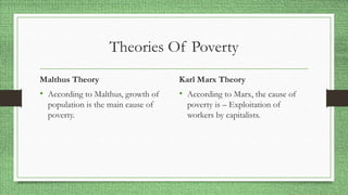 Theories Of Poverty
Malthus Theory
• According to Malthus, growth of
population is the main cause of
poverty.
Karl Marx Theory
• According to Marx, the cause of
poverty is – Exploitation of
workers by capitalists.
 