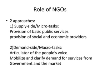 Role of NGOs
• 2 approaches:
1) Supply-side/Micro-tasks:
Provision of basic public services
provision of social and economic providers
2)Demand-side/Macro-tasks:
Articulator of the people’s voice
Mobilize and clarify demand for services from
Government and the market
 