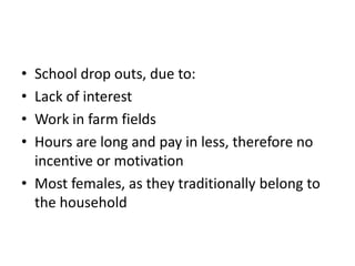 • School drop outs, due to:
• Lack of interest
• Work in farm fields
• Hours are long and pay in less, therefore no
incentive or motivation
• Most females, as they traditionally belong to
the household
 