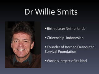 Dr Willie Smits  Birth place: Netherlands  Citizenship: Indonesian  Founder of Borneo Orangutan Survival Foundation  World’s largest of its kind  