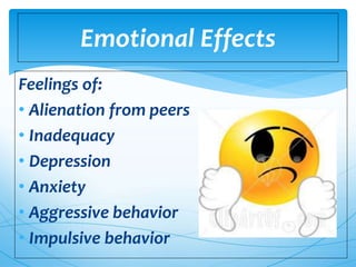 Emotional Effects
Feelings of:
• Alienation from peers
• Inadequacy
• Depression
• Anxiety
• Aggressive behavior
• Impulsive behavior