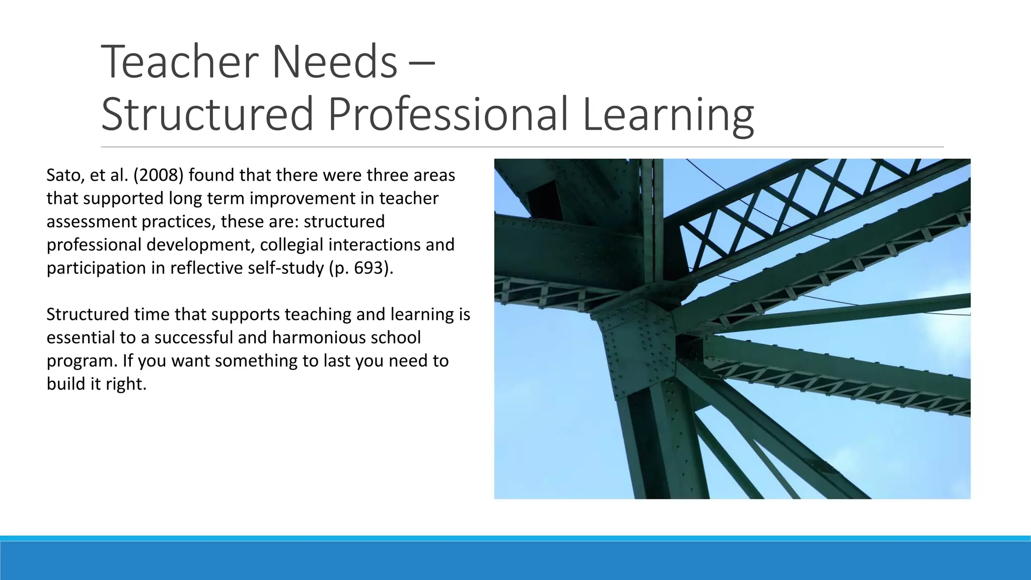 Teacher Needs –
Structured Professional Learning
Sato, et al. (2008) found that there were three areas
that supported long term improvement in teacher
assessment practices, these are: structured
professional development, collegial interactions and
participation in reflective self-study (p. 693).
Structured time that supports teaching and learning is
essential to a successful and harmonious school
program. If you want something to last you need to
build it right.

 