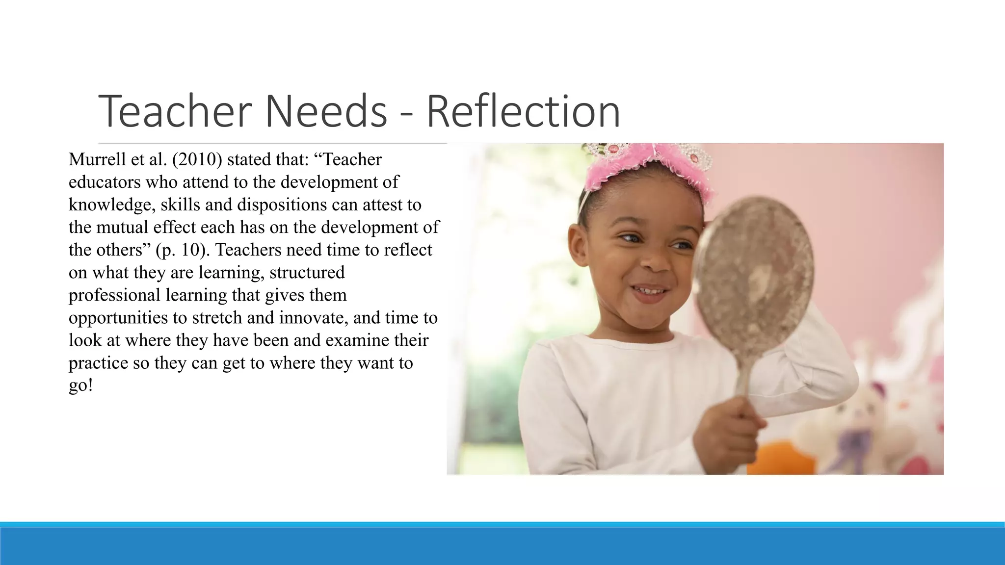 Teacher Needs - Reflection
Murrell et al. (2010) stated that: “Teacher
educators who attend to the development of
knowledge, skills and dispositions can attest to
the mutual effect each has on the development of
the others” (p. 10). Teachers need time to reflect
on what they are learning, structured
professional learning that gives them
opportunities to stretch and innovate, and time to
look at where they have been and examine their
practice so they can get to where they want to
go!

 