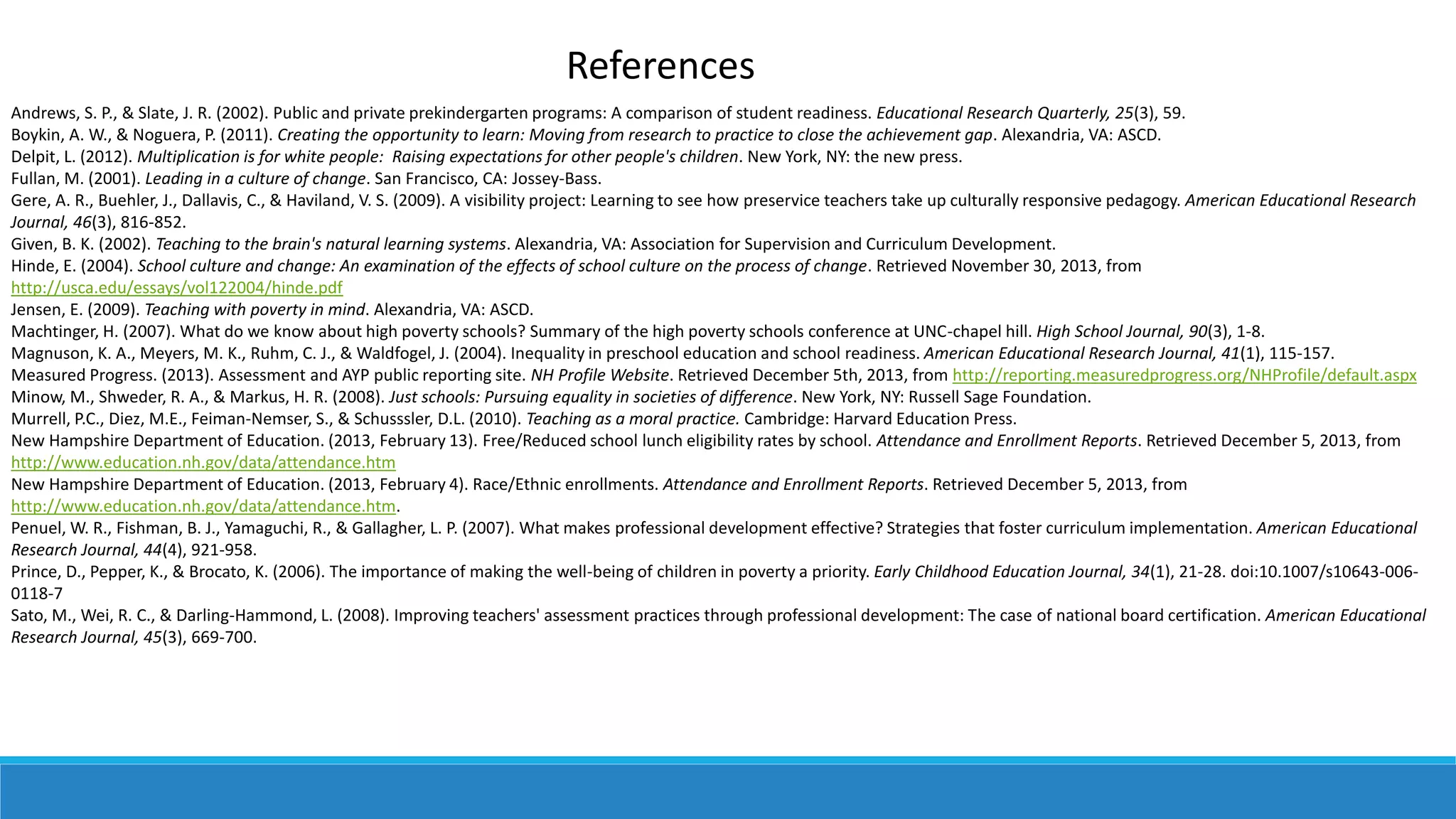 References
Andrews, S. P., & Slate, J. R. (2002). Public and private prekindergarten programs: A comparison of student readiness. Educational Research Quarterly, 25(3), 59.
Boykin, A. W., & Noguera, P. (2011). Creating the opportunity to learn: Moving from research to practice to close the achievement gap. Alexandria, VA: ASCD.
Delpit, L. (2012). Multiplication is for white people: Raising expectations for other people's children. New York, NY: the new press.
Fullan, M. (2001). Leading in a culture of change. San Francisco, CA: Jossey-Bass.
Gere, A. R., Buehler, J., Dallavis, C., & Haviland, V. S. (2009). A visibility project: Learning to see how preservice teachers take up culturally responsive pedagogy. American Educational Research
Journal, 46(3), 816-852.
Given, B. K. (2002). Teaching to the brain's natural learning systems. Alexandria, VA: Association for Supervision and Curriculum Development.
Hinde, E. (2004). School culture and change: An examination of the effects of school culture on the process of change. Retrieved November 30, 2013, from
http://usca.edu/essays/vol122004/hinde.pdf
Jensen, E. (2009). Teaching with poverty in mind. Alexandria, VA: ASCD.
Machtinger, H. (2007). What do we know about high poverty schools? Summary of the high poverty schools conference at UNC-chapel hill. High School Journal, 90(3), 1-8.
Magnuson, K. A., Meyers, M. K., Ruhm, C. J., & Waldfogel, J. (2004). Inequality in preschool education and school readiness. American Educational Research Journal, 41(1), 115-157.
Measured Progress. (2013). Assessment and AYP public reporting site. NH Profile Website. Retrieved December 5th, 2013, from http://reporting.measuredprogress.org/NHProfile/default.aspx
Minow, M., Shweder, R. A., & Markus, H. R. (2008). Just schools: Pursuing equality in societies of difference. New York, NY: Russell Sage Foundation.
Murrell, P.C., Diez, M.E., Feiman-Nemser, S., & Schusssler, D.L. (2010). Teaching as a moral practice. Cambridge: Harvard Education Press.
New Hampshire Department of Education. (2013, February 13). Free/Reduced school lunch eligibility rates by school. Attendance and Enrollment Reports. Retrieved December 5, 2013, from
http://www.education.nh.gov/data/attendance.htm
New Hampshire Department of Education. (2013, February 4). Race/Ethnic enrollments. Attendance and Enrollment Reports. Retrieved December 5, 2013, from
http://www.education.nh.gov/data/attendance.htm.
Penuel, W. R., Fishman, B. J., Yamaguchi, R., & Gallagher, L. P. (2007). What makes professional development effective? Strategies that foster curriculum implementation. American Educational
Research Journal, 44(4), 921-958.
Prince, D., Pepper, K., & Brocato, K. (2006). The importance of making the well-being of children in poverty a priority. Early Childhood Education Journal, 34(1), 21-28. doi:10.1007/s10643-0060118-7
Sato, M., Wei, R. C., & Darling-Hammond, L. (2008). Improving teachers' assessment practices through professional development: The case of national board certification. American Educational
Research Journal, 45(3), 669-700.

 